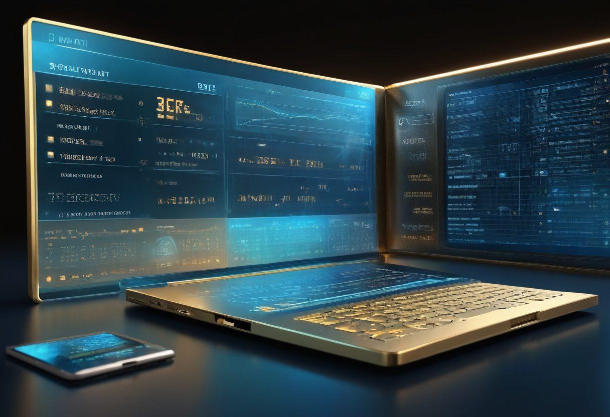 A futuristic digital diary interface displaying various payment methods, encrypted locks, and financial graphs in the background. Incorporate a person interacting with the diary, showcasing expressions of confidence and security. Use a color palette that combines soft blues and metallic golds for a modern feel. Include digital elements like binary codes or holograms to symbolize technology. super-realistic. vibrant colors. 3D.
