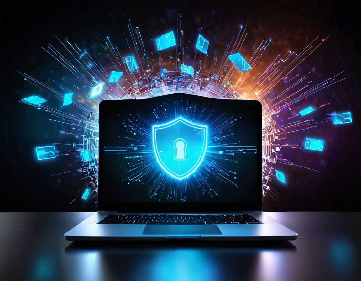 A secure laptop with a glowing lock symbol on the screen, surrounded by an ethereal digital shield. In the background, a shadowy figure representing identity theft is being repelled by rays of light. Elements like credit cards, electronic devices, and a shield emblazoned with a key are scattered artistically around. The atmosphere should convey both danger and safety in a modern, tech-savvy world. super-realistic. vibrant colors. futuristic elements.