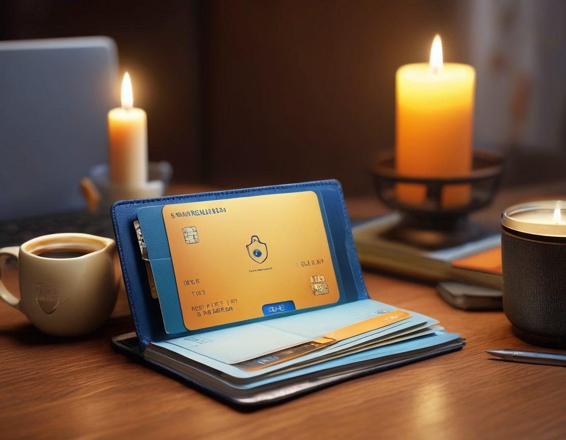 A stylized digital diary with a lock symbol prominently displayed, surrounded by various credit cards and safety icons like shields and check marks, conveying a sense of security. The background features a cozy workspace with a flickering candle and a cup of coffee, hinting at a personal journaling experience. Soft warm lighting to evoke comfort and trust. Clean and modern aesthetic. super-realistic. vibrant colors.